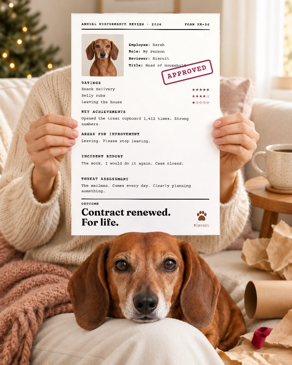 The Annual Review poster, unframed, held up on Christmas morning while a dachshund rests his chin on a knee