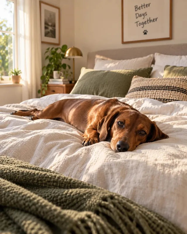 Evidence: a dachshund across the middle of the bed