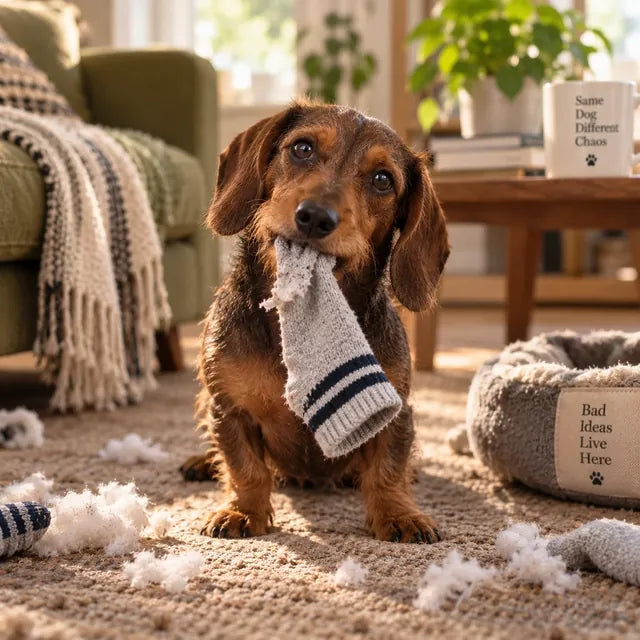Evidence: a dachshund holding a sock, unrepentant