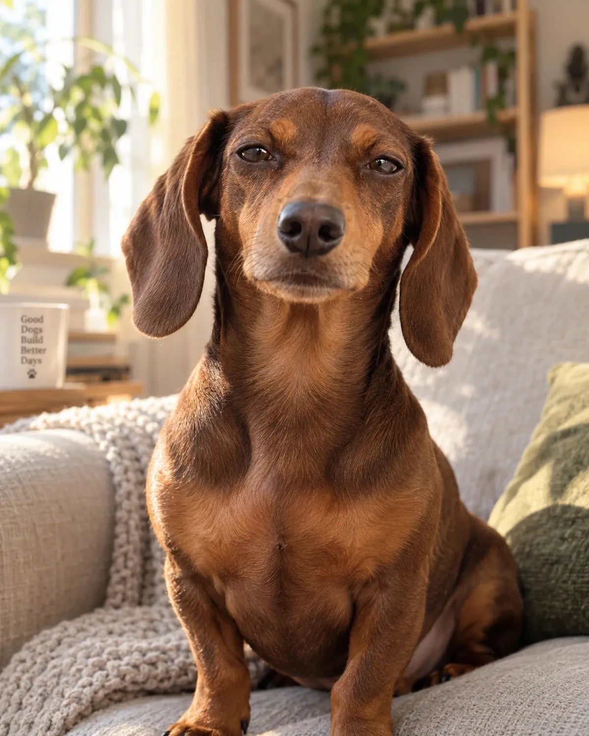 A dachshund on the sofa, looking straight at you with notes