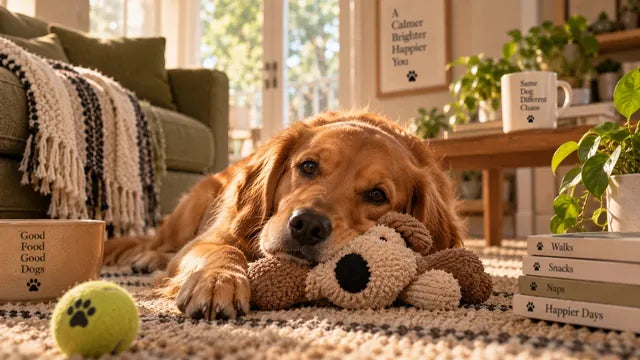 A golden retriever on a rug with a toy