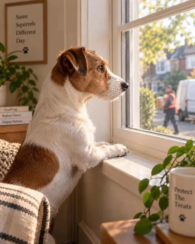 Evidence: a terrier at the window, watching the delivery driver